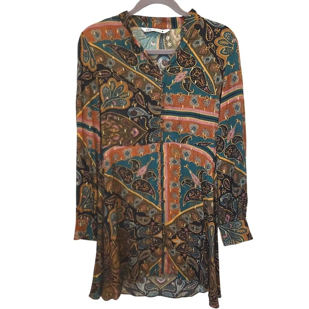 Zara Paisley Print Shirt Dress Size‎ Small Button Up Long Sleeve Tunic Boho
